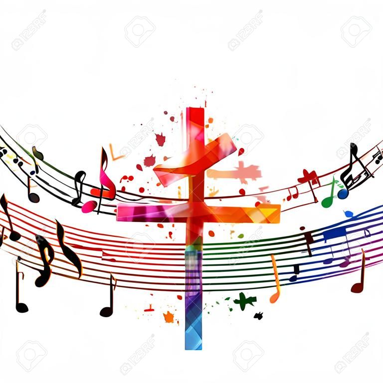 Colorful christian cross with music notes isolated vector illustration. Religion themed background. Design for gospel church music, choir singing, concert, festival, Christianity, prayer