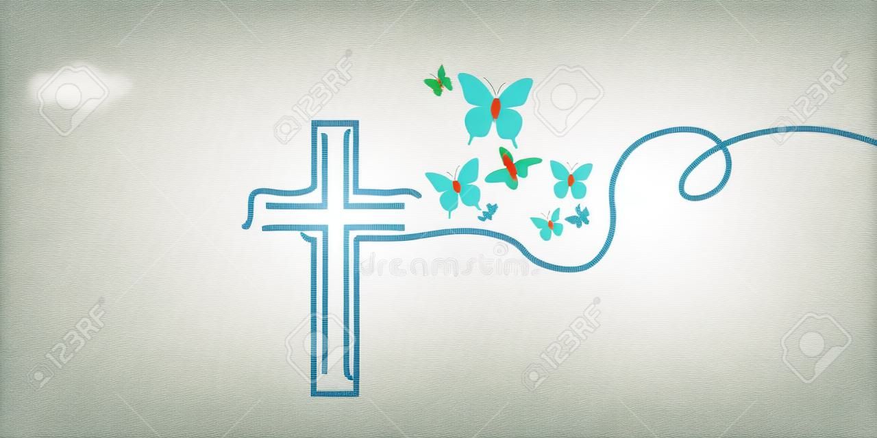 Krzyż chrześcijański z motylami na białym tle ilustracji wektorowych. tło o tematyce religijnej. projekt dla chrześcijaństwa, modlitwy i opieki, służby kościelnej, komunii, miłości, pomocy i wsparcia