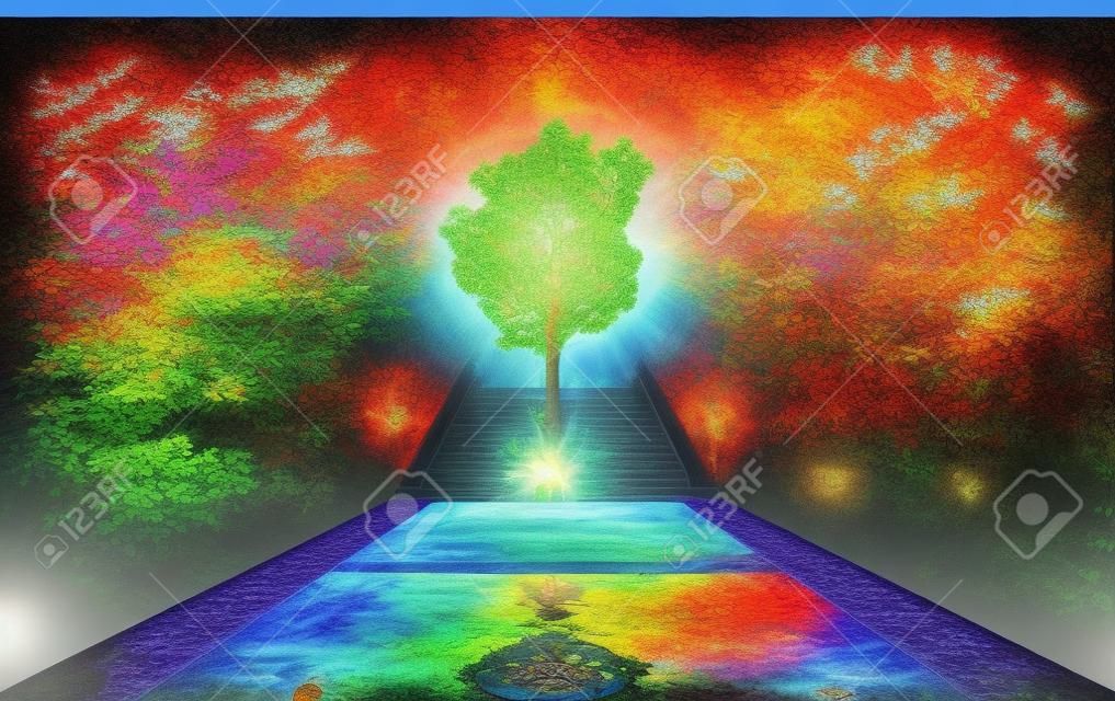 Drzewo życia - koncepcja duchowego ogrodu nieba jest doskonałym obrazem tła do wszelkich celów duchowych. tak jak; medytacja wizualna lub gobelin duchowa dekoracja spirytyzm związany z wiadomościami psychodeliczny projekt, gobelin, okładka albumu lub ulotka