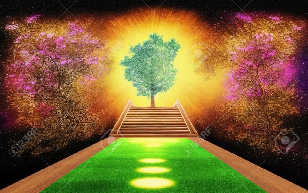 Drzewo życia - koncepcja duchowego ogrodu nieba jest doskonałym obrazem tła do wszelkich celów duchowych. tak jak; medytacja wizualna lub gobelin duchowa dekoracja spirytyzm związany z wiadomościami psychodeliczny projekt, gobelin, okładka albumu lub ulotka