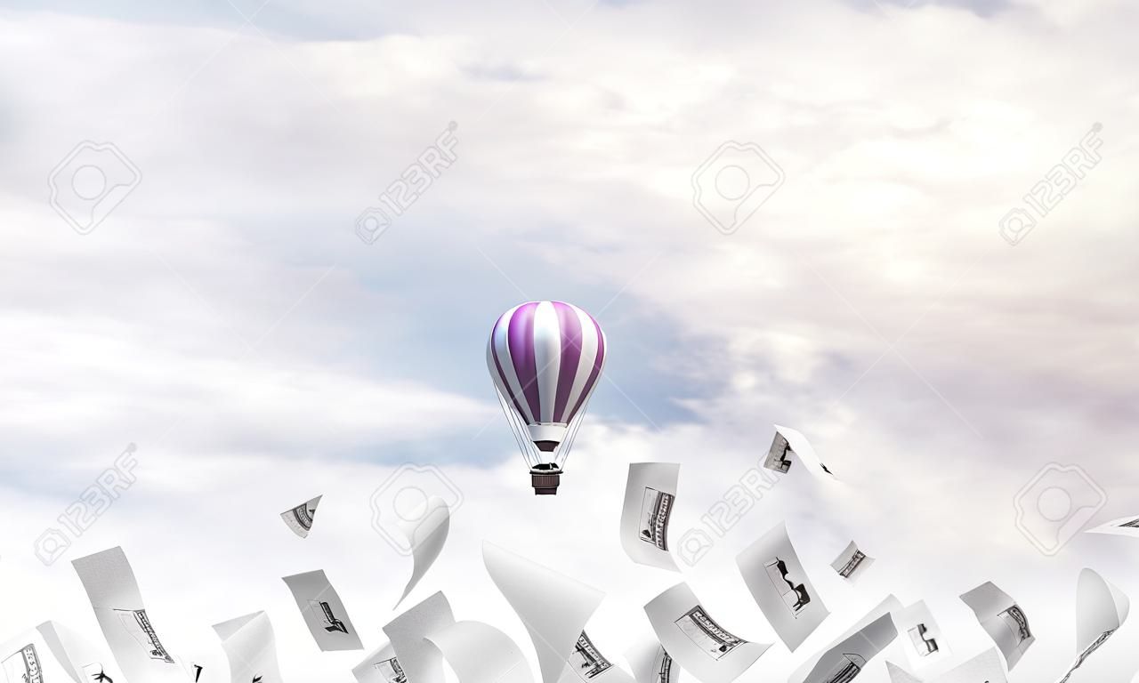 Kleurrijke aerostaat vliegen tussen papieren documenten en over de blauwe bewolkte lucht. 3D rendering.