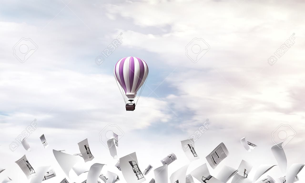 Colorful aerostat flying among paper documents and over the blue cloudy sky. 3D rendering.