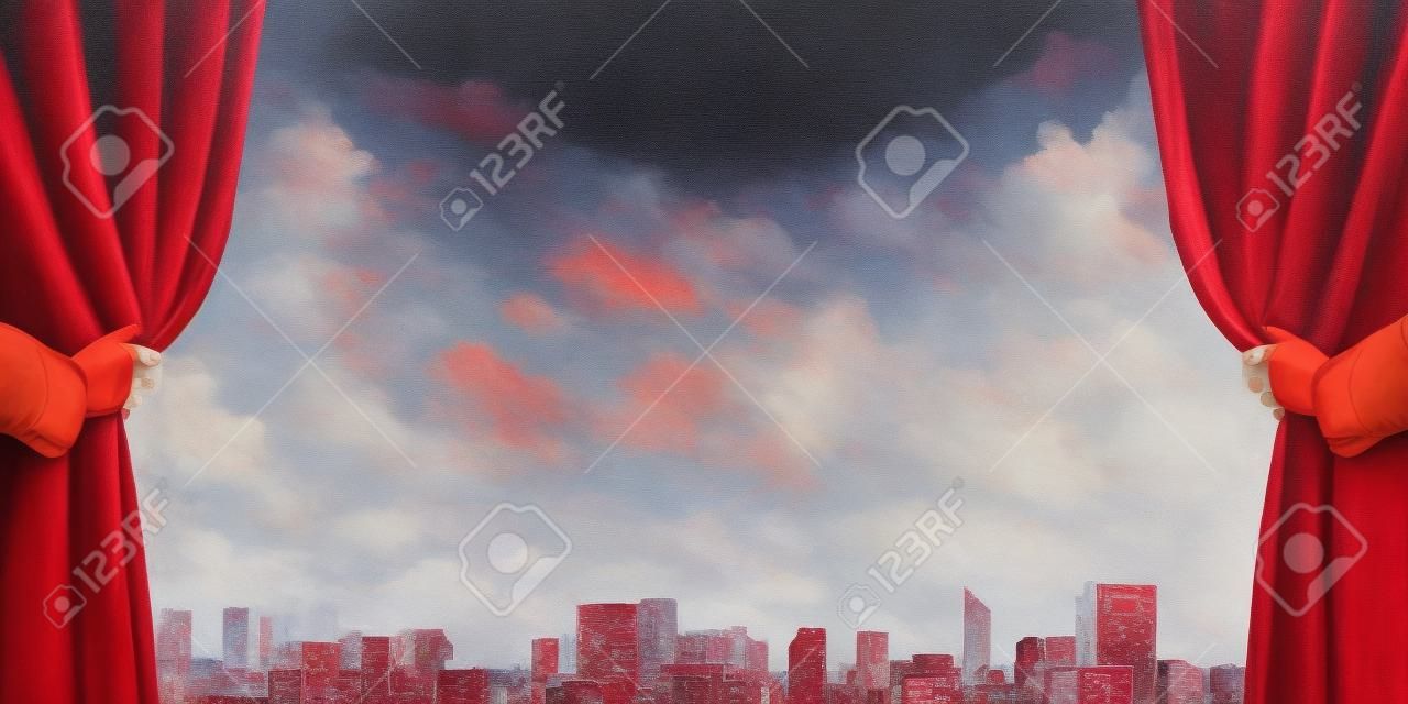 Mão humana na luva abre cortina de veludo vermelho para a paisagem urbana moderna