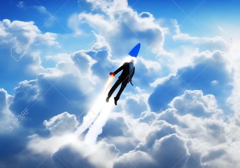 Business person in aviator hat flying on rocket. Progress and innovation technology. Corporate businessman flying with jetpack rocket in blue sky above clouds. Leadership motivation concept.