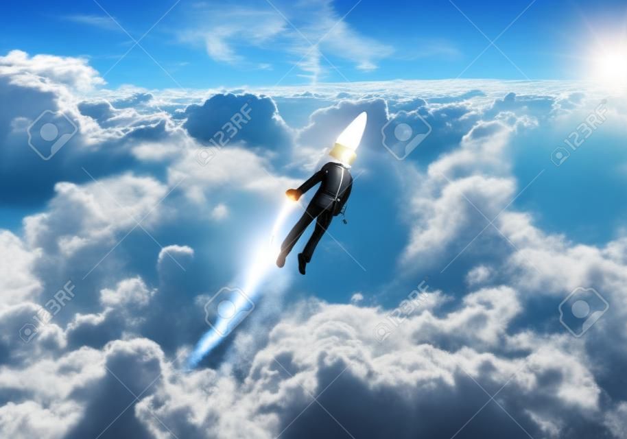 Business person in aviator hat flying on rocket. Progress and innovation technology. Corporate businessman flying with jetpack rocket in blue sky above clouds. Leadership motivation concept.