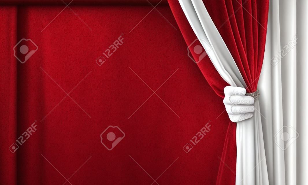 Sluiten van de hand in witte handschoen open rood fluwelen gordijn