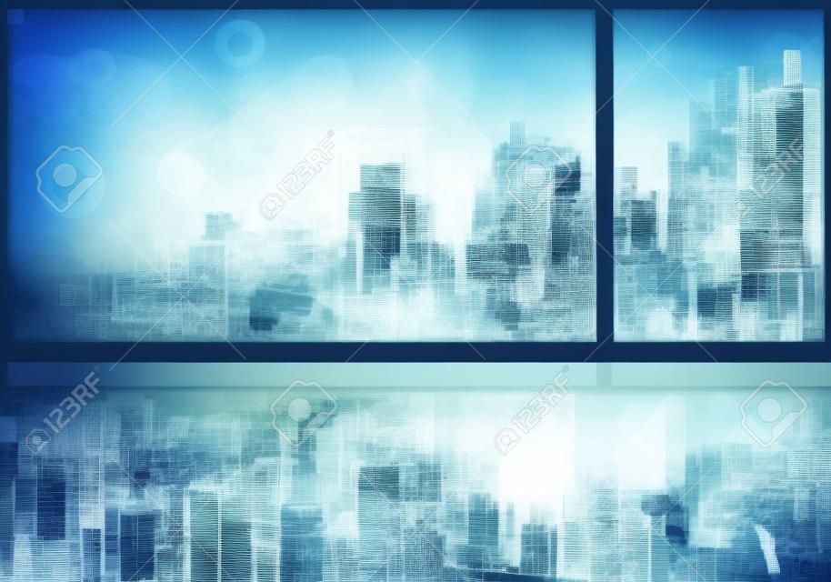 Double exposure business concept with abstract financial graphics on background of modern business district. Digital economy and global online trading. Investment management and strategy planning