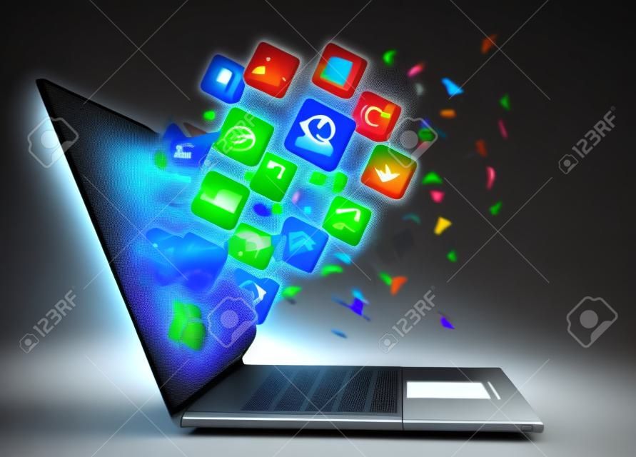 Компьютер мобильности. ноутбук с цветными иконками приложений Высоким разрешением 3d визуализации
