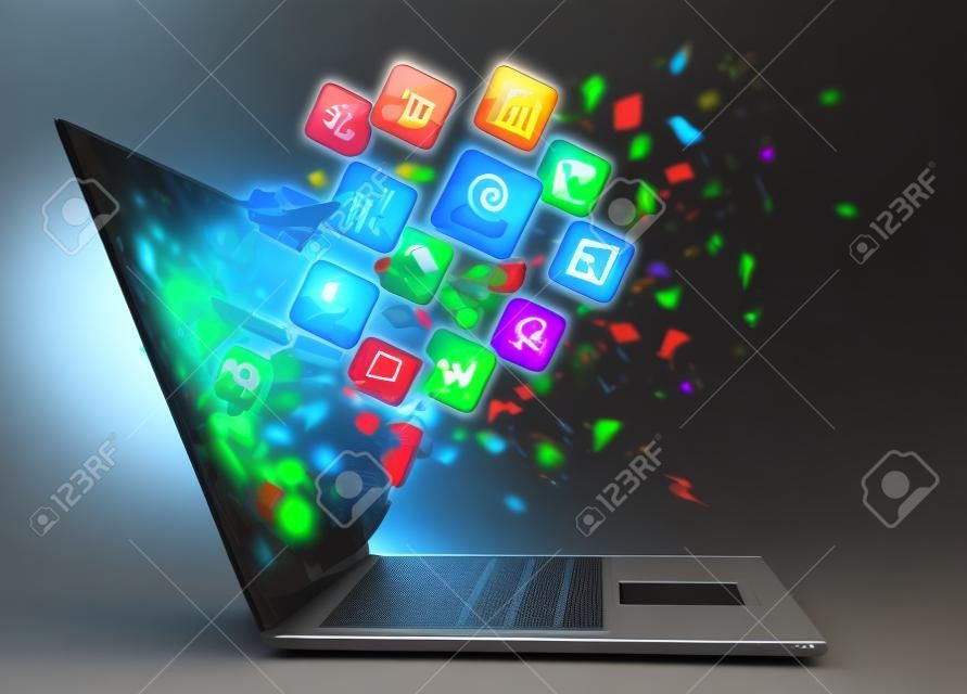 Компьютер мобильности. ноутбук с цветными иконками приложений Высоким разрешением 3d визуализации