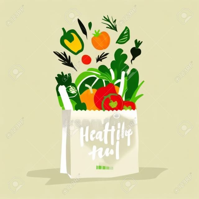 Paper cut style vegetables in a paper shopping bag. Organic vegetables Vector illustration