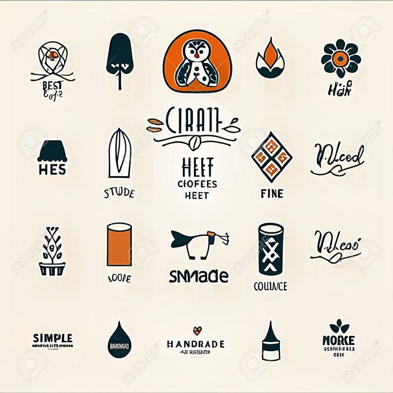 Handgemachte Kunst und Handwerk Logos Sammlung . Einfacher Logo festgelegt . Vektor-Illustration