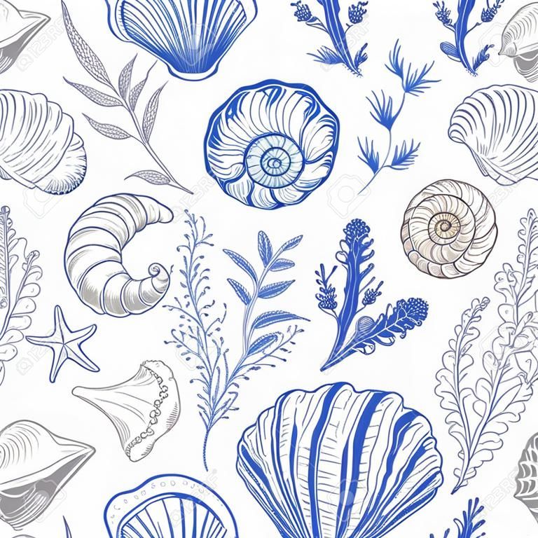 海の貝シームレスなパターン。ビンテージシーシェルベクターイラスト。ベクトルの図