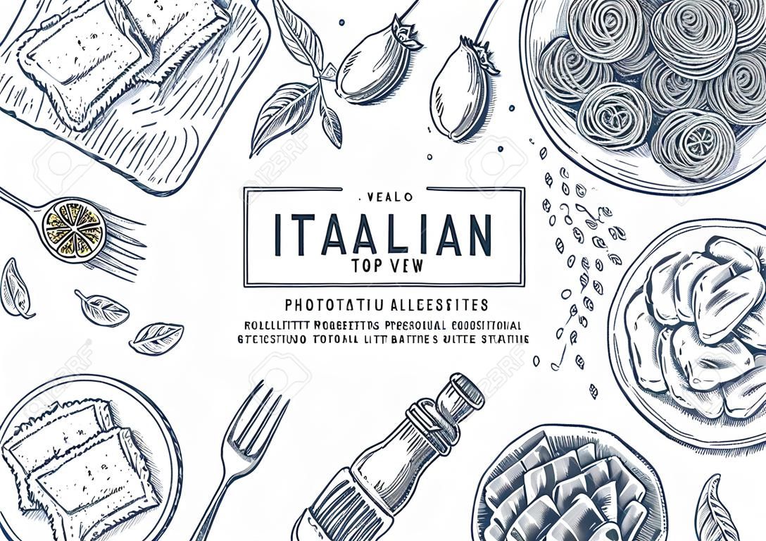 Ilustracja widok z góry włoskie jedzenie. Tło tabeli spagetti i ravioli. Grawerowana ilustracja stylu. Obraz bohatera. Ilustracja wektorowa