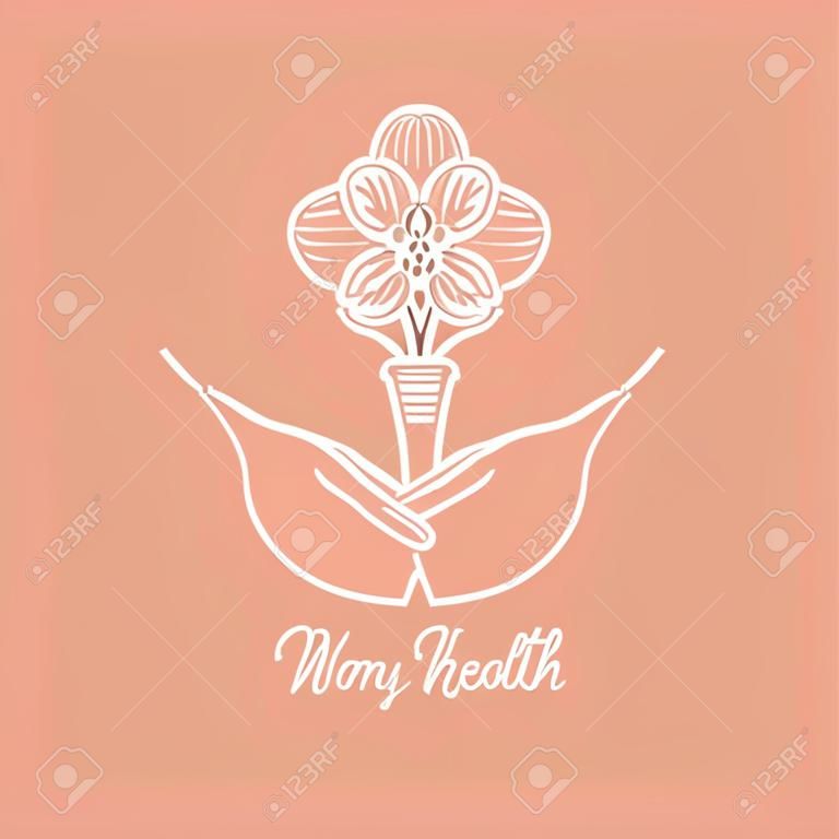 Logotipo di salute della donna. Igiene intima. Mani che tengono un fiore. Illustrazione vettoriale