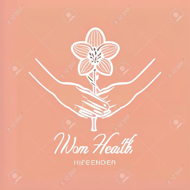 Logotipo de saúde da mulher. Higiene íntima. Mãos segurando uma flor. Ilustração vetorial