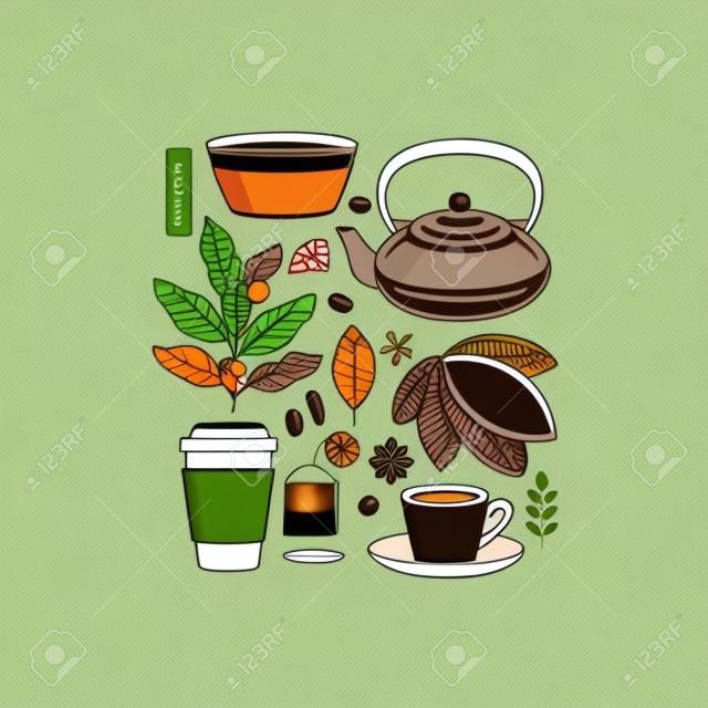 コーヒーと紅茶のコレクション。ココア、コーヒー、抹茶、要素。フラットグラフィック。ベクトルの図