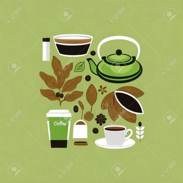 コーヒーと紅茶のコレクション。ココア、コーヒー、抹茶、要素。フラットグラフィック。ベクトルの図