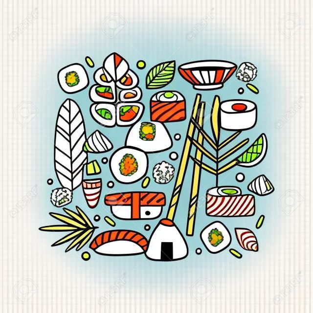 Skład doodle sushi. grafika liniowa. projekt dla dzieci. skandynawski styl. ilustracja wektorowa
