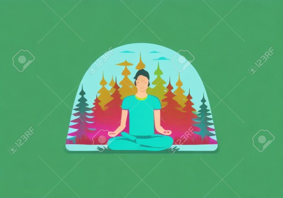 Colorful illustration design of a someone doing yoga and meditating outdoors in a forest in nature among pine trees