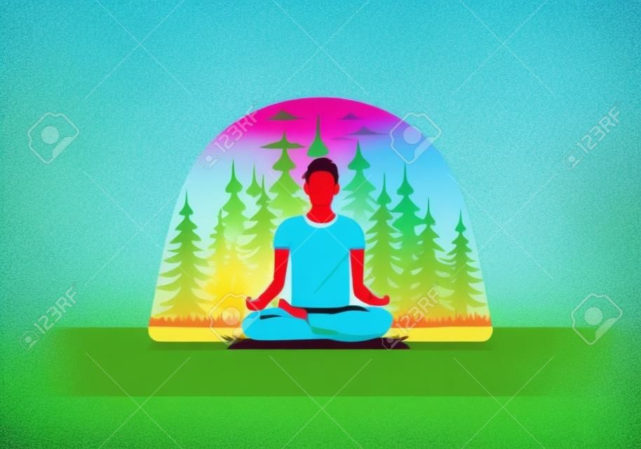 Colorful illustration design of a someone doing yoga and meditating outdoors in a forest in nature among pine trees