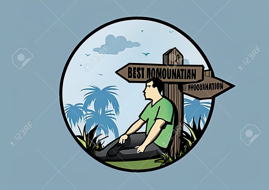 Illustration of a man sit on the ground beside the way sign beach and mountain