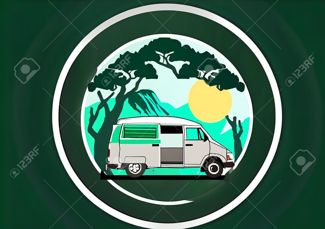 Colorful illustration badge design of campervan in nature