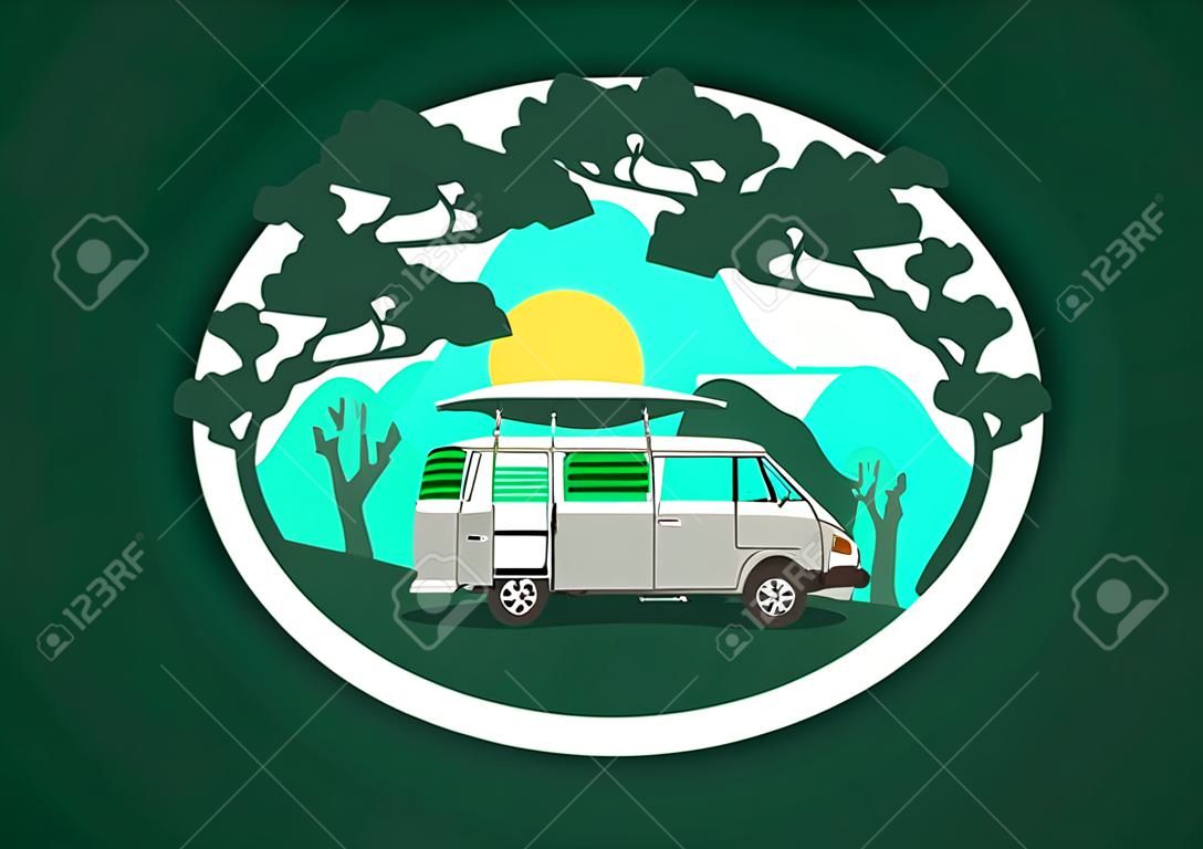 Conception d'insigne d'illustration colorée de camping-car dans la nature