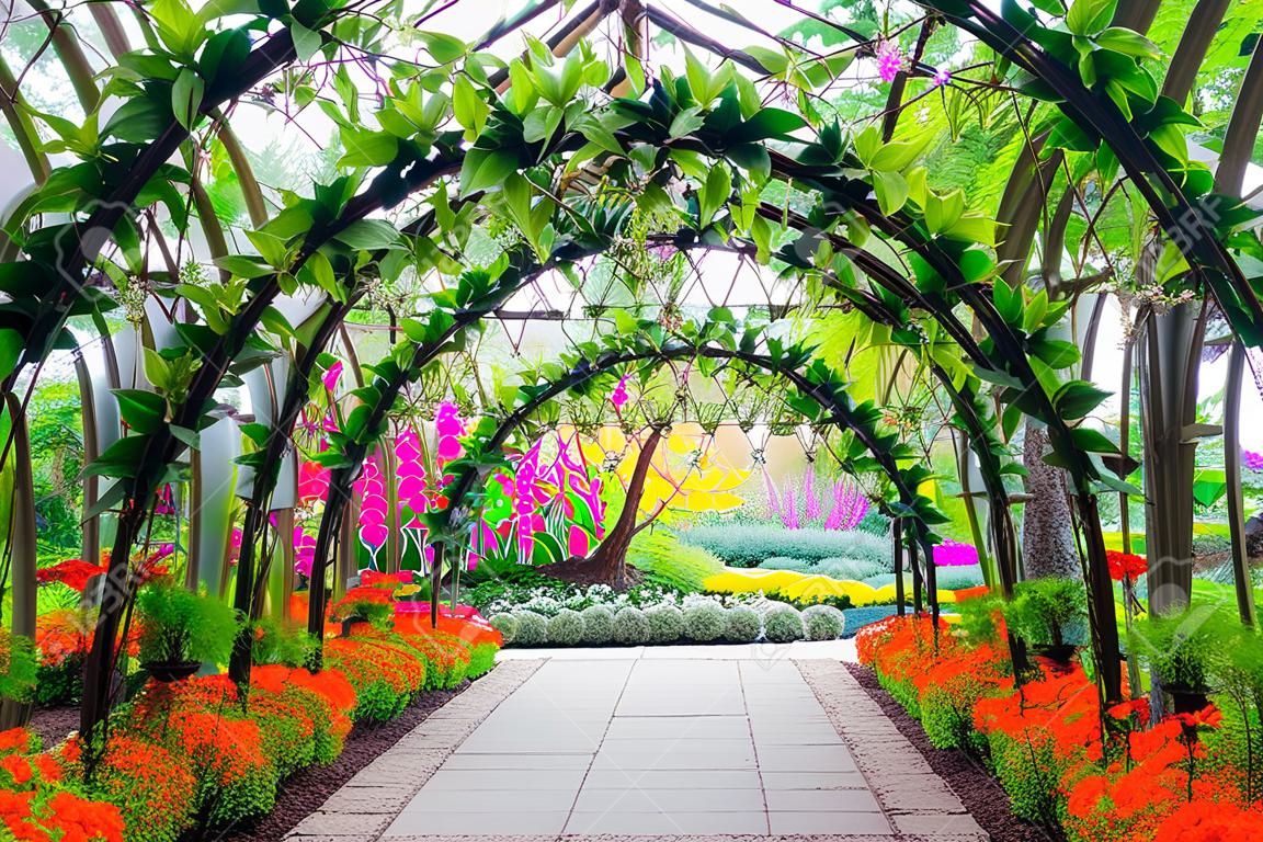 hermosos arcos de flores con pasarela en plantas ornamentales de jardín