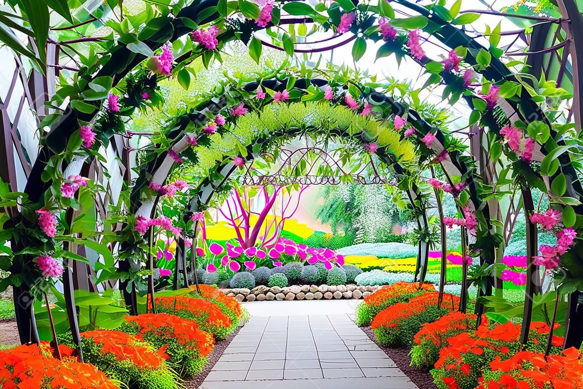 beautiful flower arches with walkway in ornamental plants garden