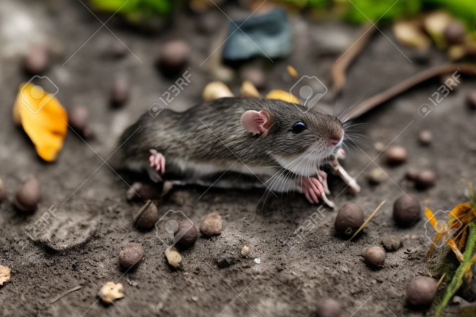 Dead rat lies on the river bank close up