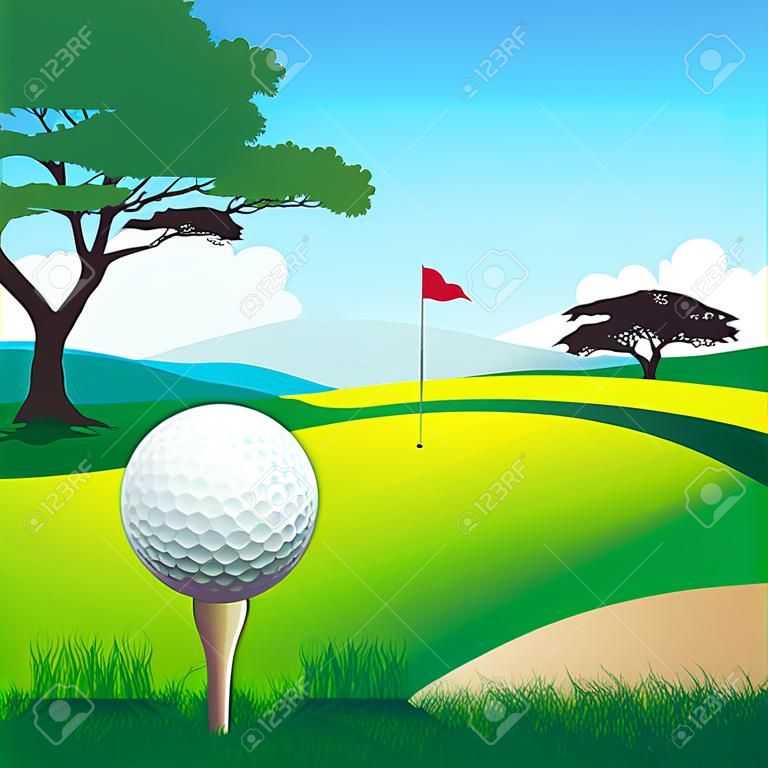 Golf course, golf ball and green grass, vector illustration.