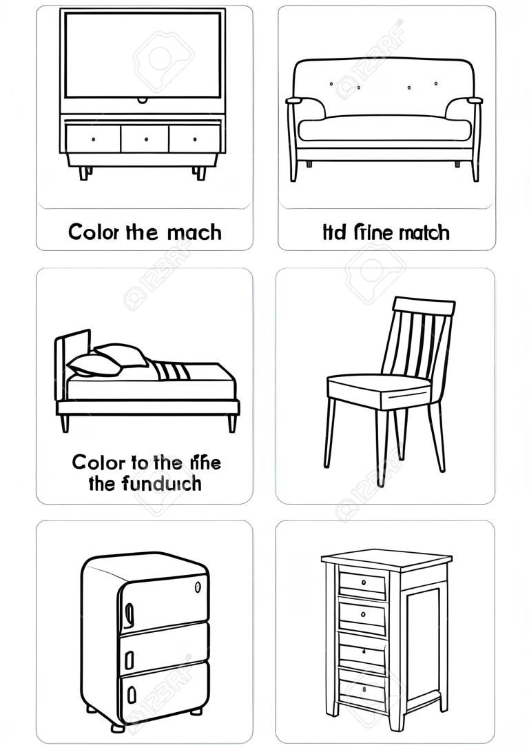 Leggi e colora: colora i mobili in modo che corrispondano alla frase - foglio di lavoro per l'istruzione