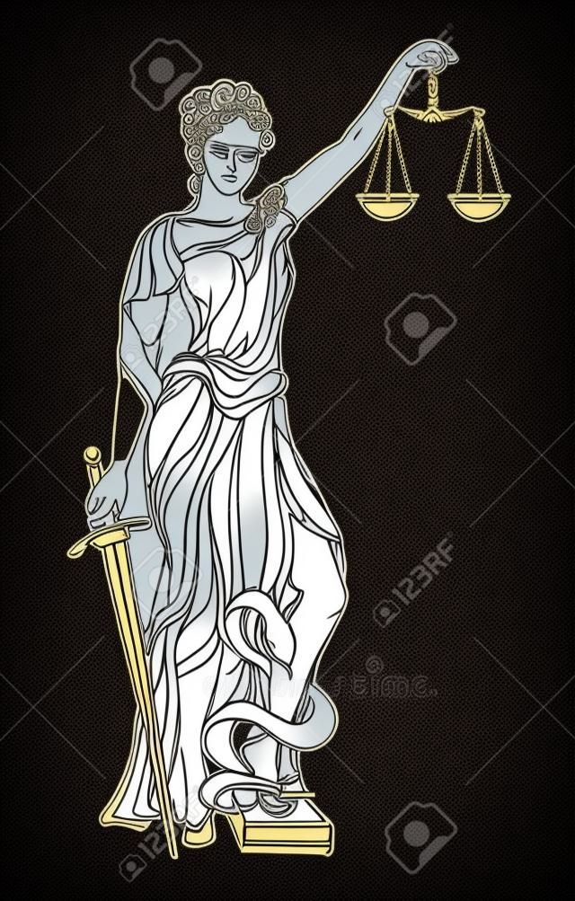 Themis deusa da justiça. Ilustração vetorial de Femida. Etiqueta da estátua da justiça, escalas do símbolo da justiça, deusa da justiça.