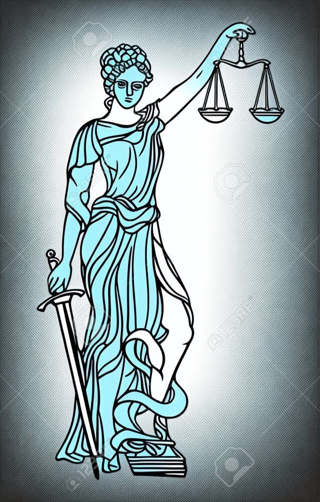 Themis goddess of justice. Femida vector illustration. Justice statue label, scales of justice symbol, lady goddess of justice.