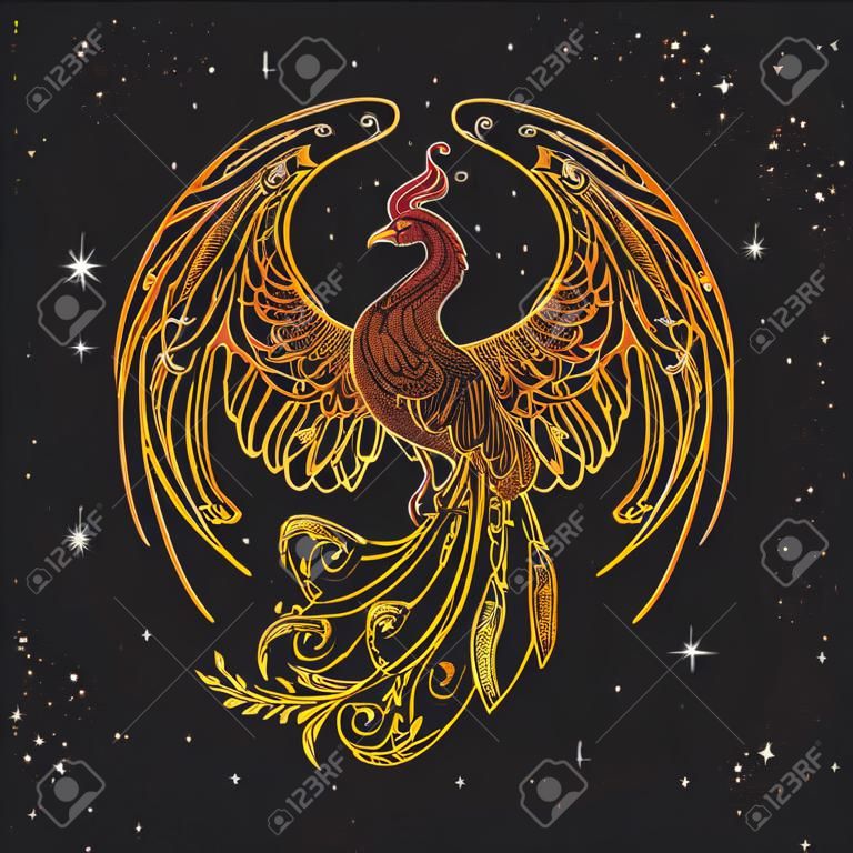 鳳凰或Phenix從古希臘神話中的魔法生物。波西米亞風格的外觀。與星星的黑色nightsky背景。十二宮殺手的標誌。占星術設計。 EPS10矢量圖