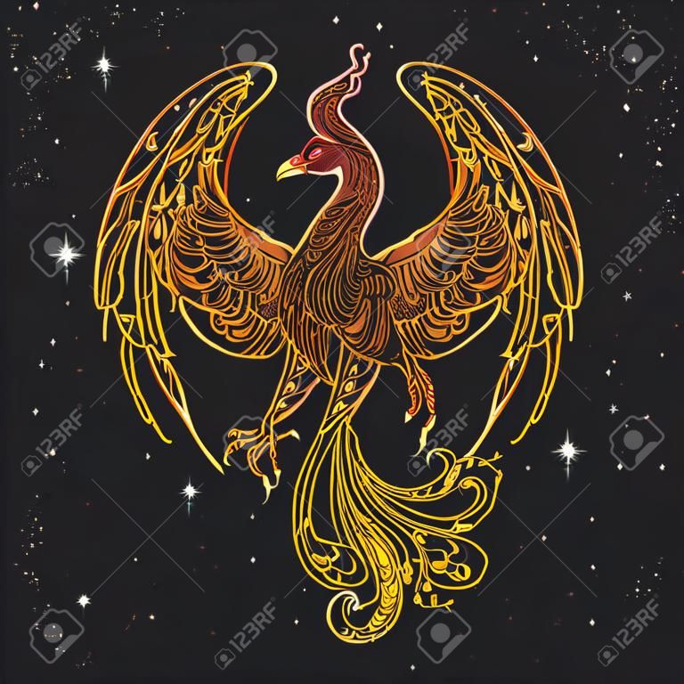 Phoenix or Phenix magic creature from ancient greek myths. Boho style look. Black nightsky background with stars. Zodiac sign. Astrology design. EPS10 vector illustration