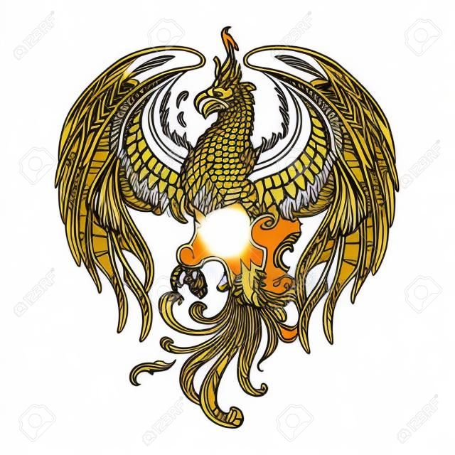 Criatura mágica de Phoenix ou Phenix de mitos gregos antigos. Apoiador heráldico. Esboce isolado no fundo branco. EPS10 ilustração vetorial.