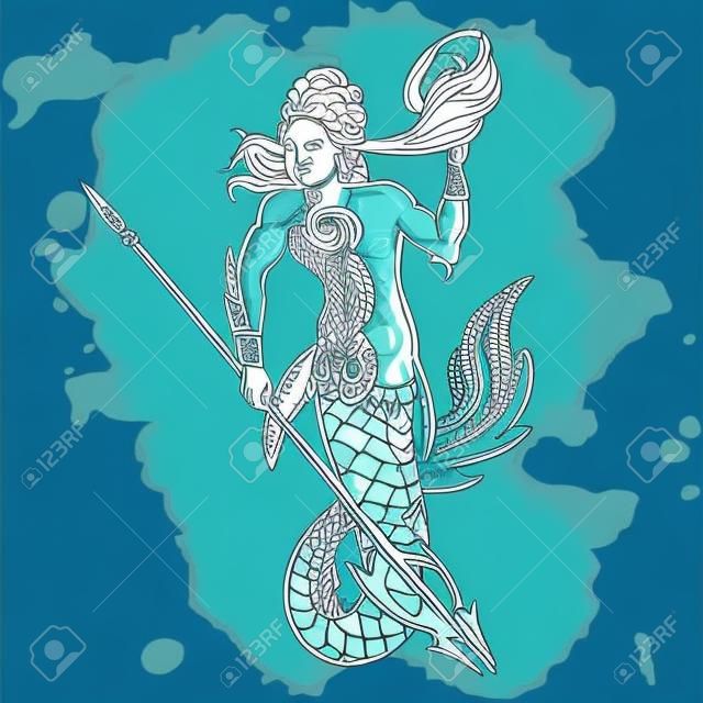 Merman o tritone mitologica creatura oceano armati con il tridente e corno. Illustrazione disegnata a mano isolato su sfondo bianco. Nettuno o Poseidone dio delle acque dolci e del mare. illustrazione vettoriale.