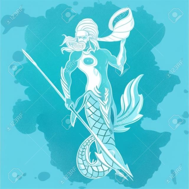 Merman o tritone mitologica creatura oceano armati con il tridente e corno. Illustrazione disegnata a mano isolato su sfondo bianco. Nettuno o Poseidone dio delle acque dolci e del mare. illustrazione vettoriale.
