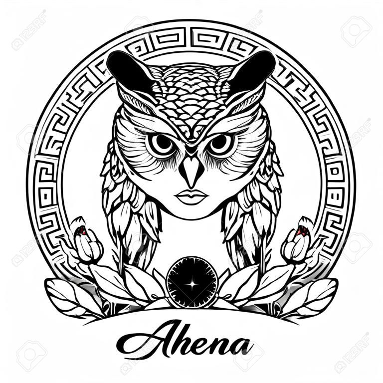 Athena goddess of ancient greek myths. Beautiful woman in an owl mask. Owl as a symbol of Athena. Circular Meander ornament and Olive branch. Mystic halloween concept art. EPS10 vector illustration.