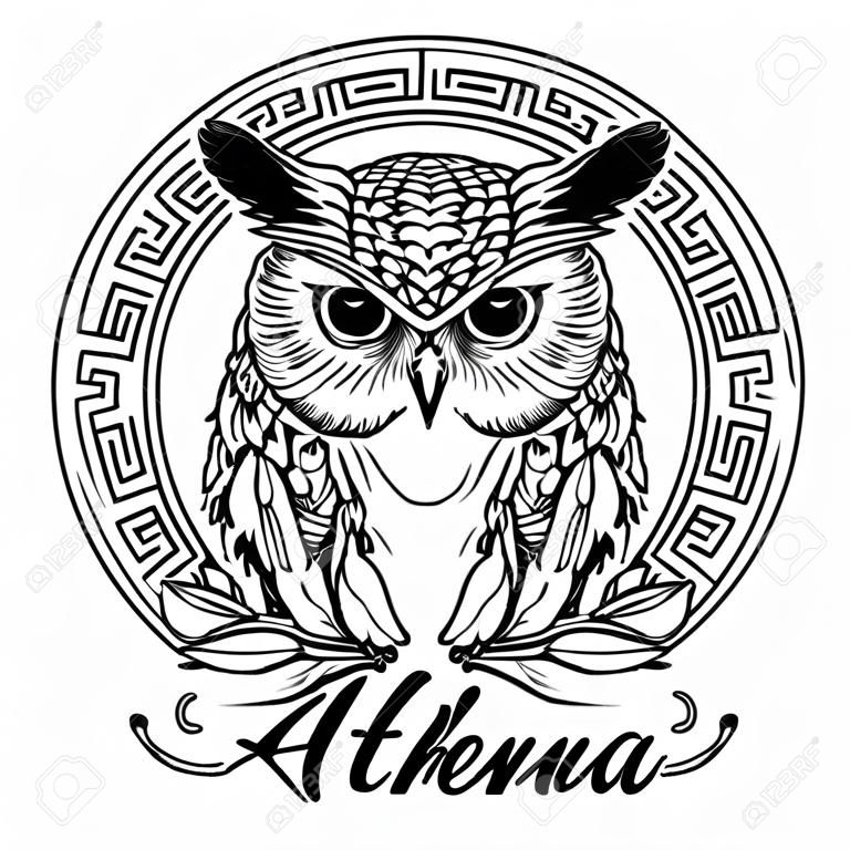 雅典娜女神的古希腊神话中美丽的女人在猫头鹰面具的猫头鹰作为雅典娜圆形弯曲装饰和橄榄枝神秘的万圣节概念艺术eps10插画矢量符号