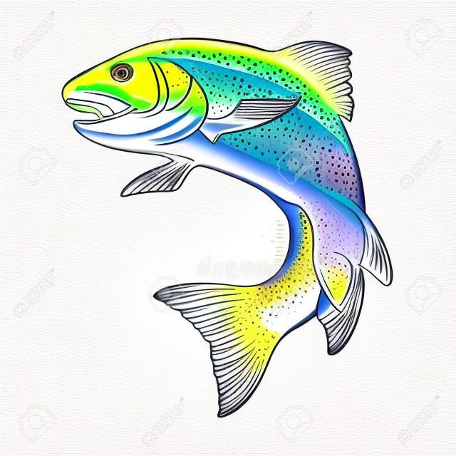 Realistic intricate drawing of the rainbow trout jumping out. Pastel color hand drawing isolated on white background. Concept art for horoscope, tattoo or colouring book. EPS10 vector illustration