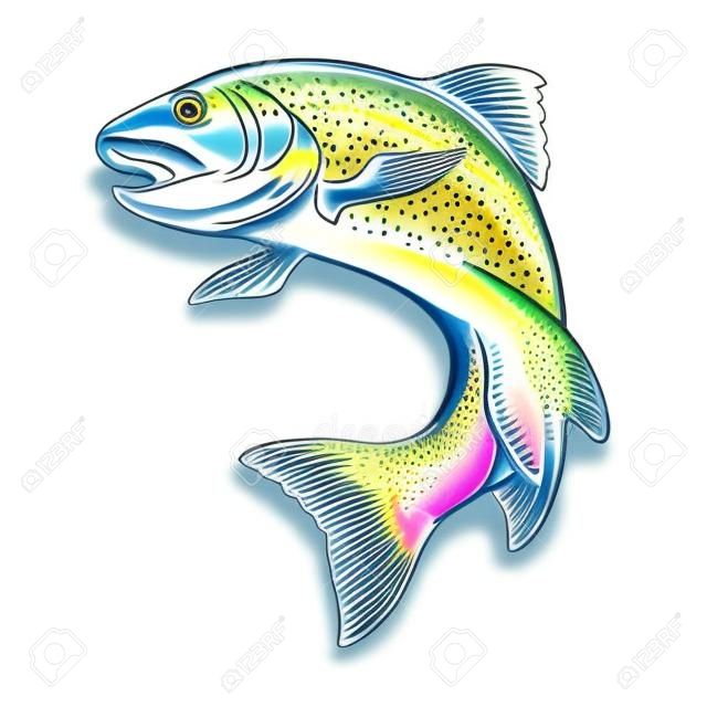 Realistic intricate drawing of the rainbow trout jumping out. Pastel color hand drawing isolated on white background. Concept art for horoscope, tattoo or colouring book. EPS10 vector illustration