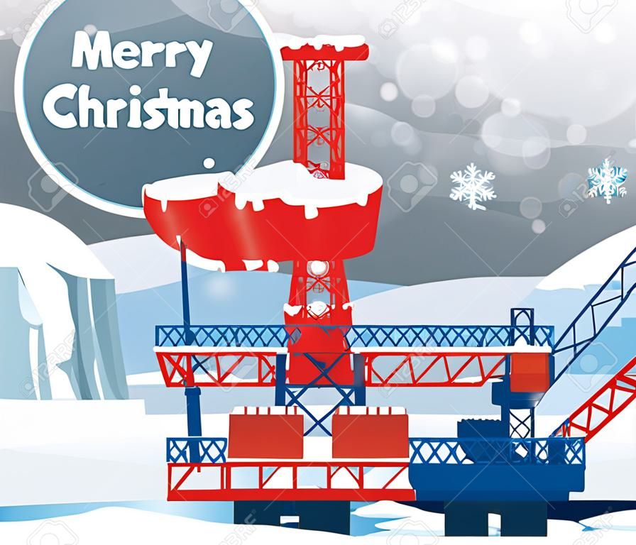 Carte de voeux de Noël pour les travailleurs de l'industrie du pétrole et du gaz. Plateforme pétrolière typique avec tour de forage située sur le plateau arctique. Illustration EPS10