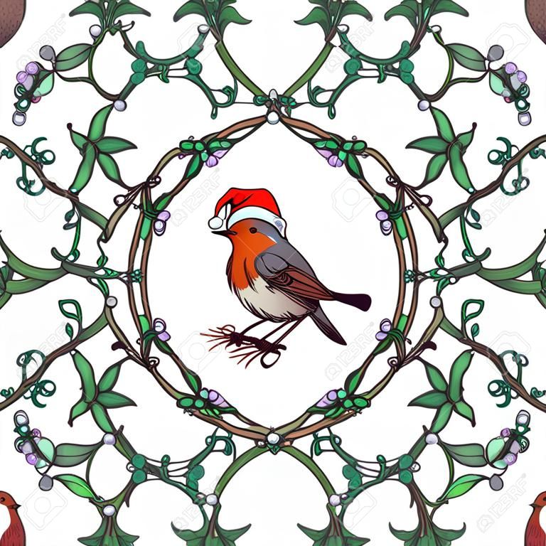 Christmas seamless pattern. Robin bird in a red christmas hat and skarf. Mistletoe twigs decorative frame. Vector drawing isolated on white background. EPS10 vector illustration