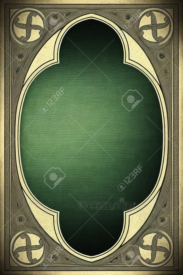 Medieval manuscript style rectangular frame. Gothic style pointed arch. Vertical orientation. Vintage color palette. Hand drawn image isolated on monochrome background. EPS10 vector illustration