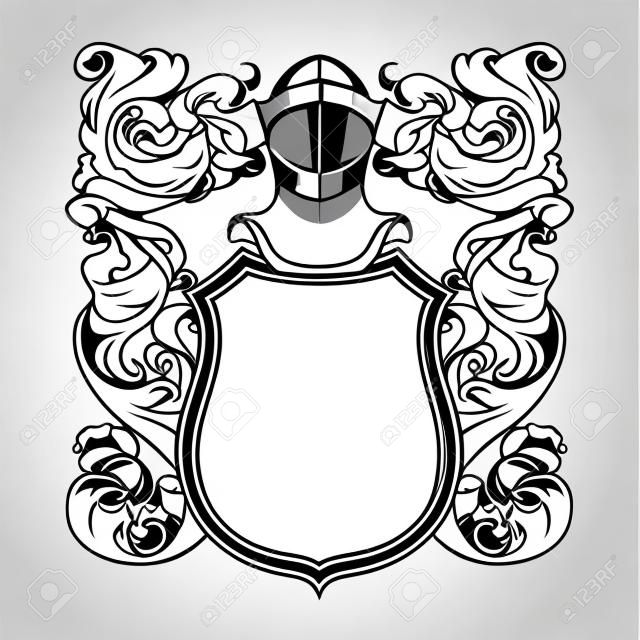 Traditioneel Europees wapensjabloon. Schild, helm en mantel. Element voor ontwerp wapen, logo, embleem en tatoeage. Kleur lineaire tekening geïsoleerd op witte achtergrond. EPS10 vector