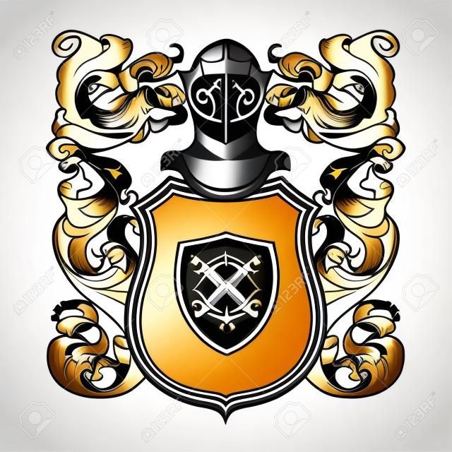 Traditioneel Europees wapensjabloon. Schild, helm en mantel. Element voor ontwerp wapen, logo, embleem en tatoeage. Kleur lineaire tekening geïsoleerd op witte achtergrond. EPS10 vector