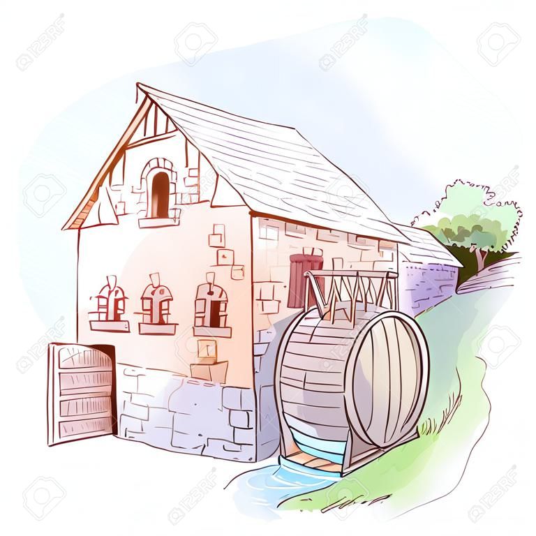 Whiskey de grão para garrafa. Um moinho de água. Desenho estilo esboço, pintura aquarela, isolado no fundo branco. EPS10 ilustração vetorial.