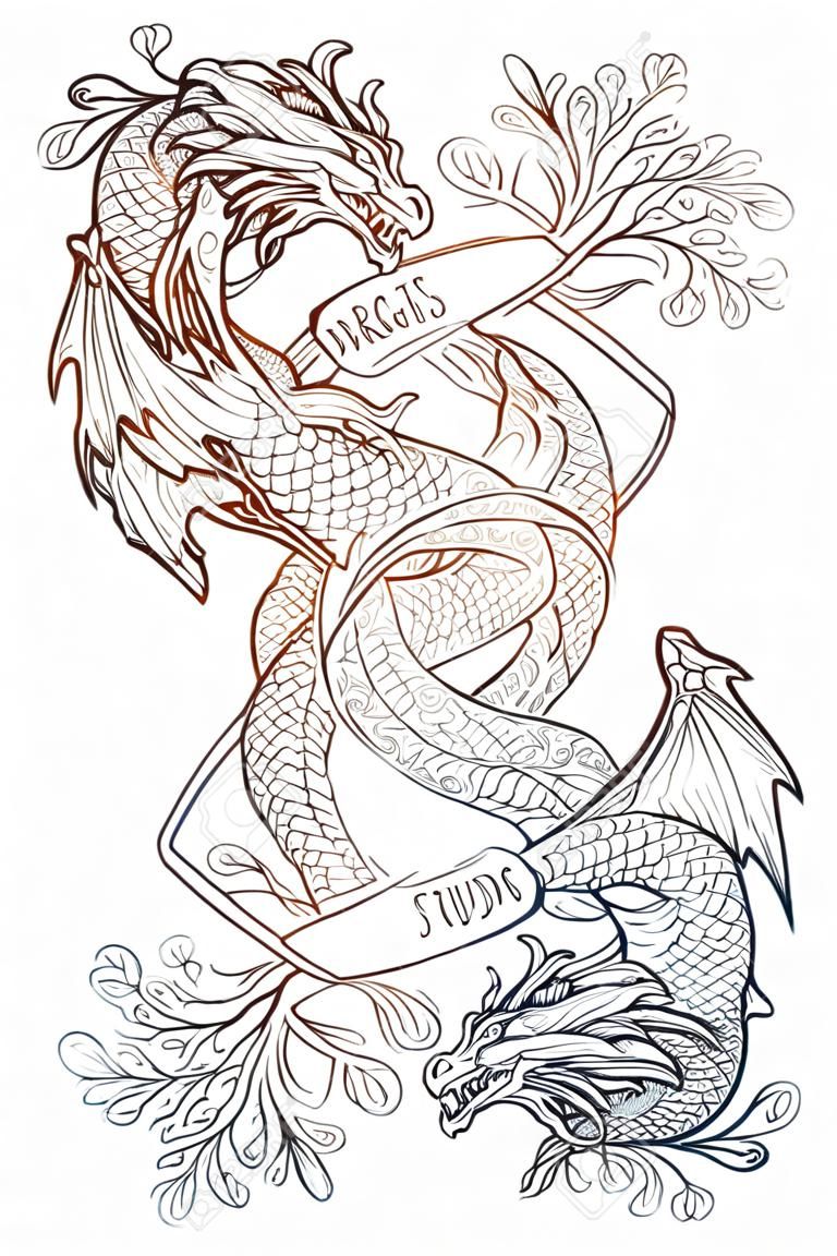 Due draghi che combattono l'un l'altro che illustrano il principio dell'unità degli opposti. Concept art intricato disegno a tratteggio. Disegno del tatuaggio. Orientamento verticale, forma rettangolare.